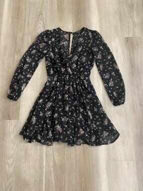 Trixxi Floral Mini Dress XXS | Sheer Sleeve V-Neck Fit & Flare Boho Romantic